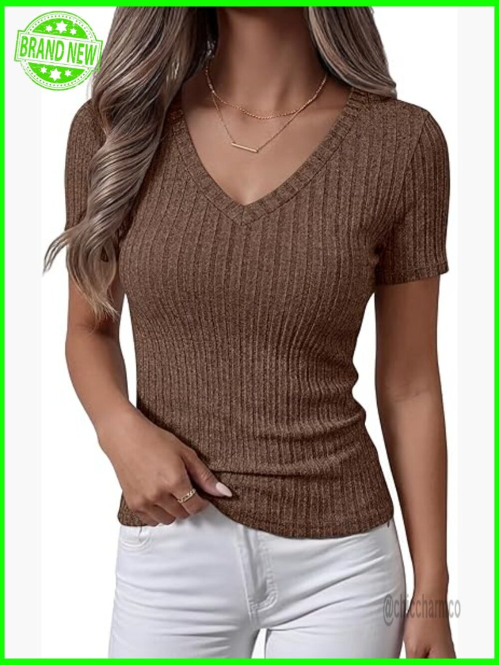 Slim Fit V-Neck Ribbed Knit Top Short Sleeve Lightweight Summer Casual